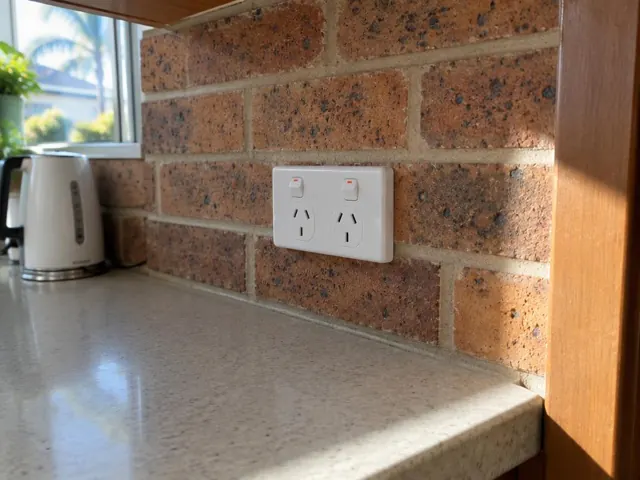 Double power point fitted into a brick kitchen splashback above a benchtop in Lisarow